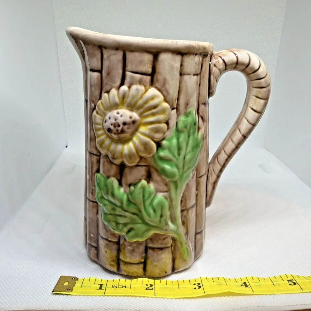 Vintage Majolica Yellow Sunflower / Pink Blossom Cluster Pitcher Creamer Handle